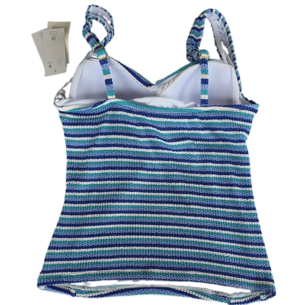 NWT Lands' End Women's Tankini Swim Top Blue Striped Pattern Wide Strap Sz M 370